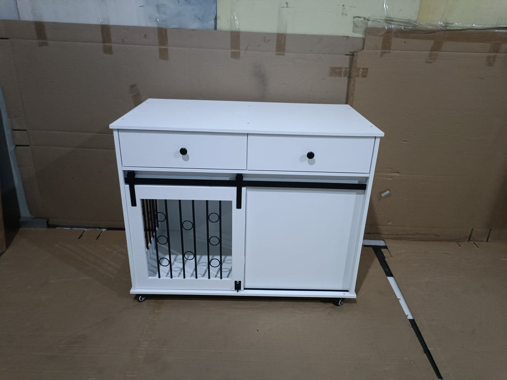 Modern Wooden Dog Crate Furniture with Sliding Barn Door – Indoor Pet Kennel