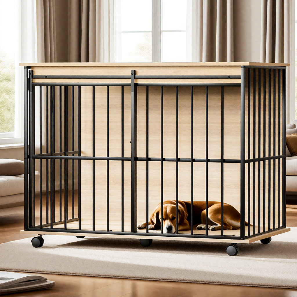 Dog lying inside a large metal and wood pet crate in a home setting.