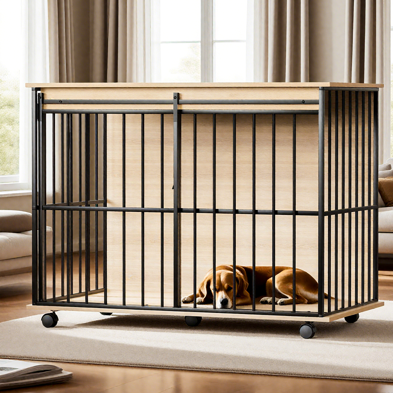 Dog lying inside a large metal and wood pet crate in a home setting.