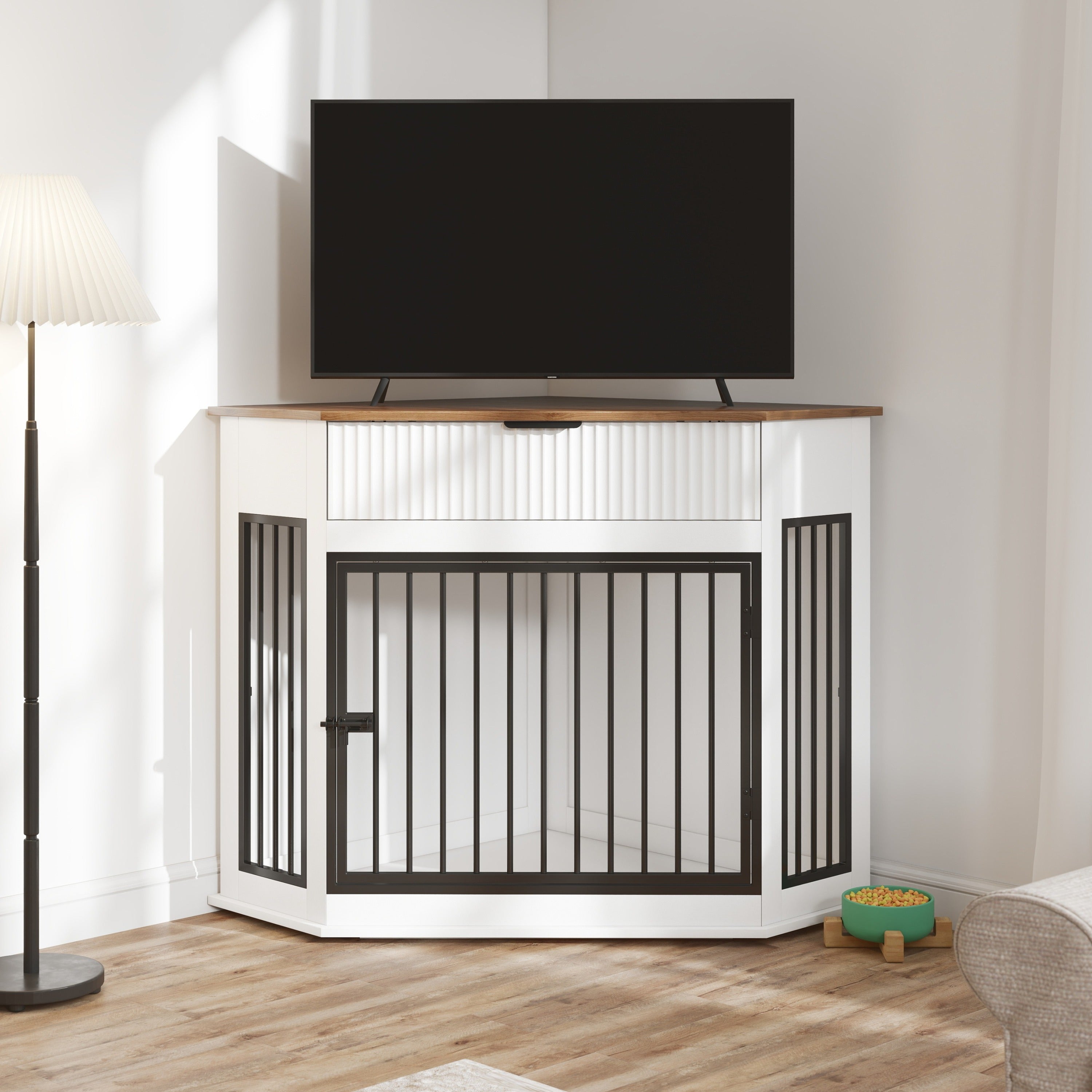 Corner Dog Crate Furniture with Fluted Drawer 
