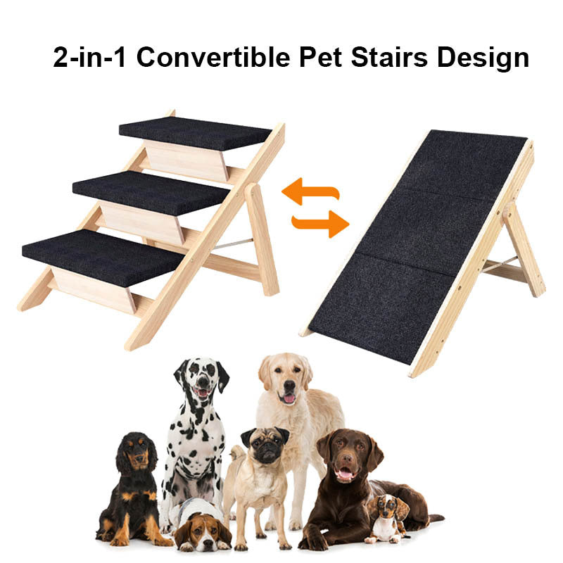 Foldable Wooden Pet Stairs & Ramp – 2-in-1 Dog Steps for Beds, Sofas & Cars