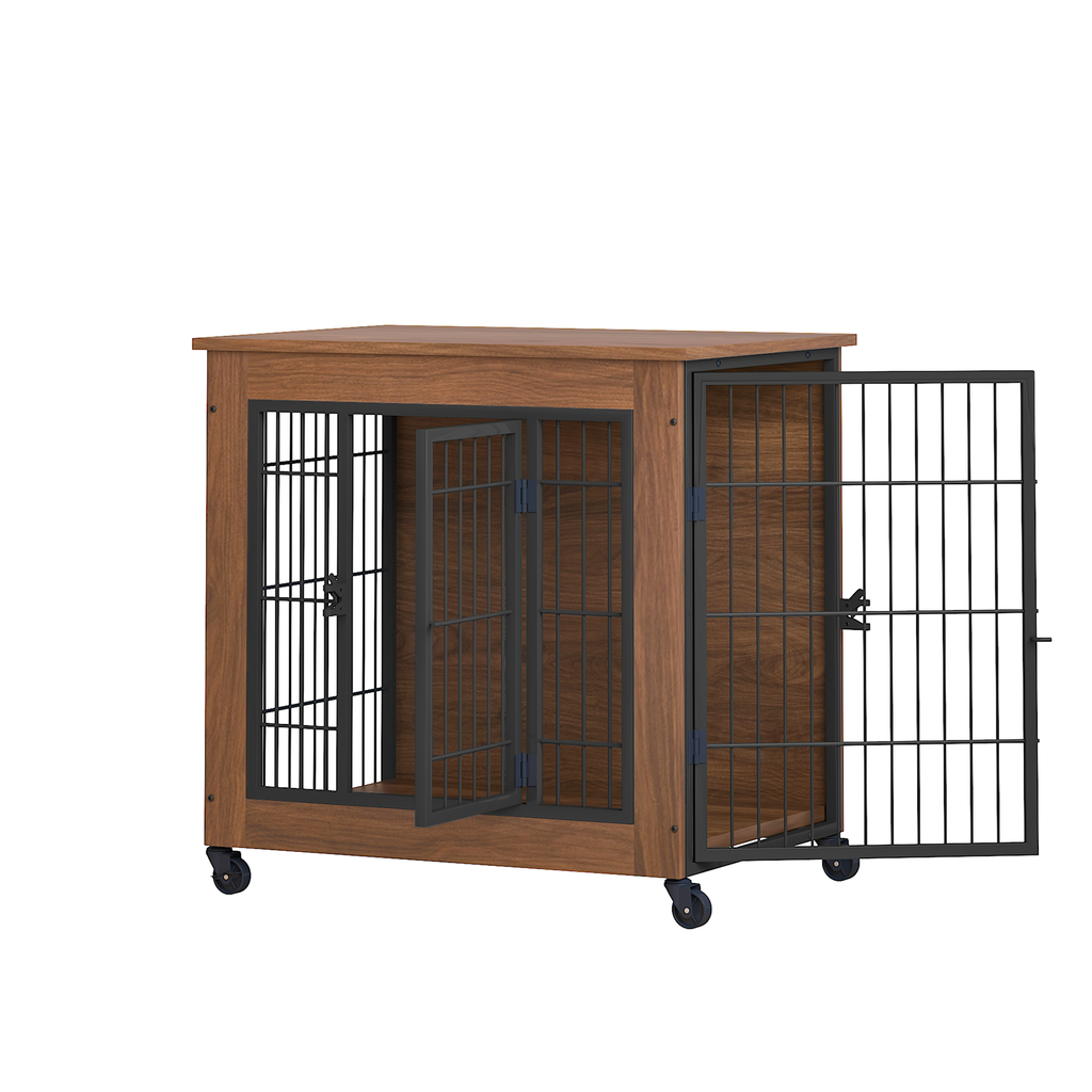 Wooden pet crate with metal doors on a white background