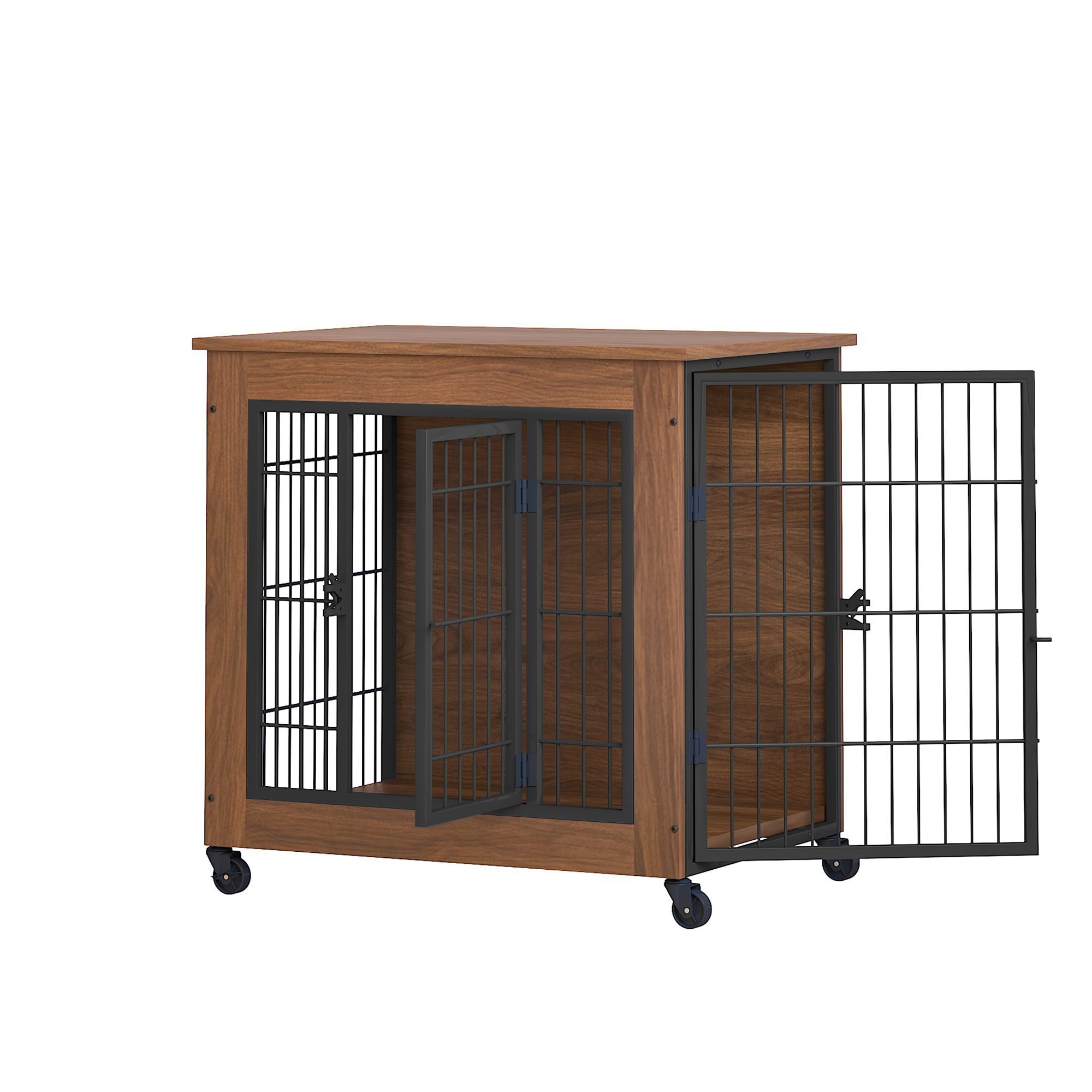 Wooden pet crate with metal doors on a white background