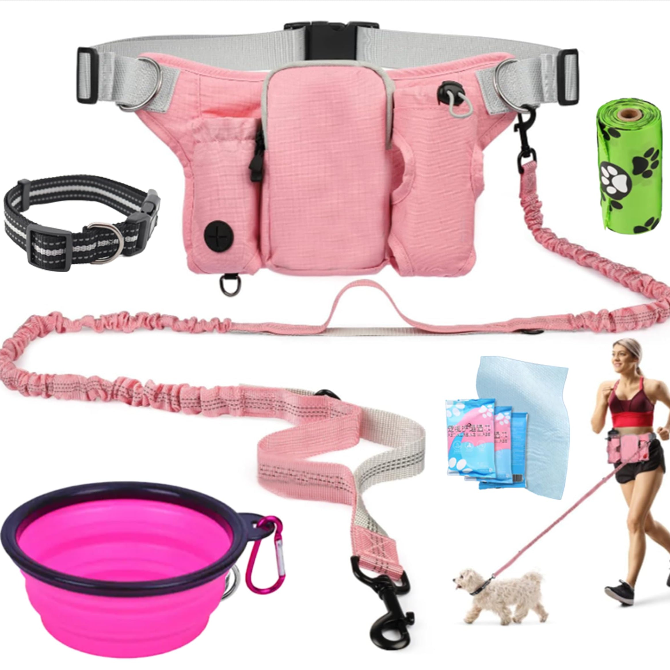 Collection of pink pet accessories including a waist bag, leash, bowl, and collar on a white background.