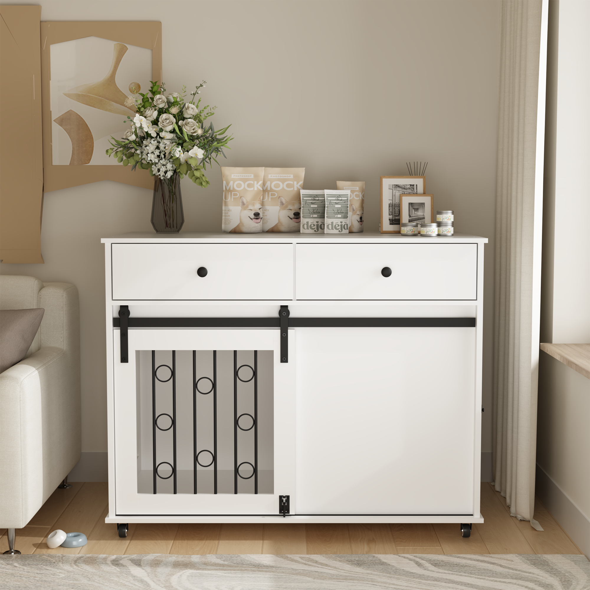 Modern Wooden Dog Crate Furniture with Sliding Barn Door – Indoor Pet Kennel