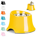 Yellow elevated pet feeder with metal bowl on a white background, showing color options.