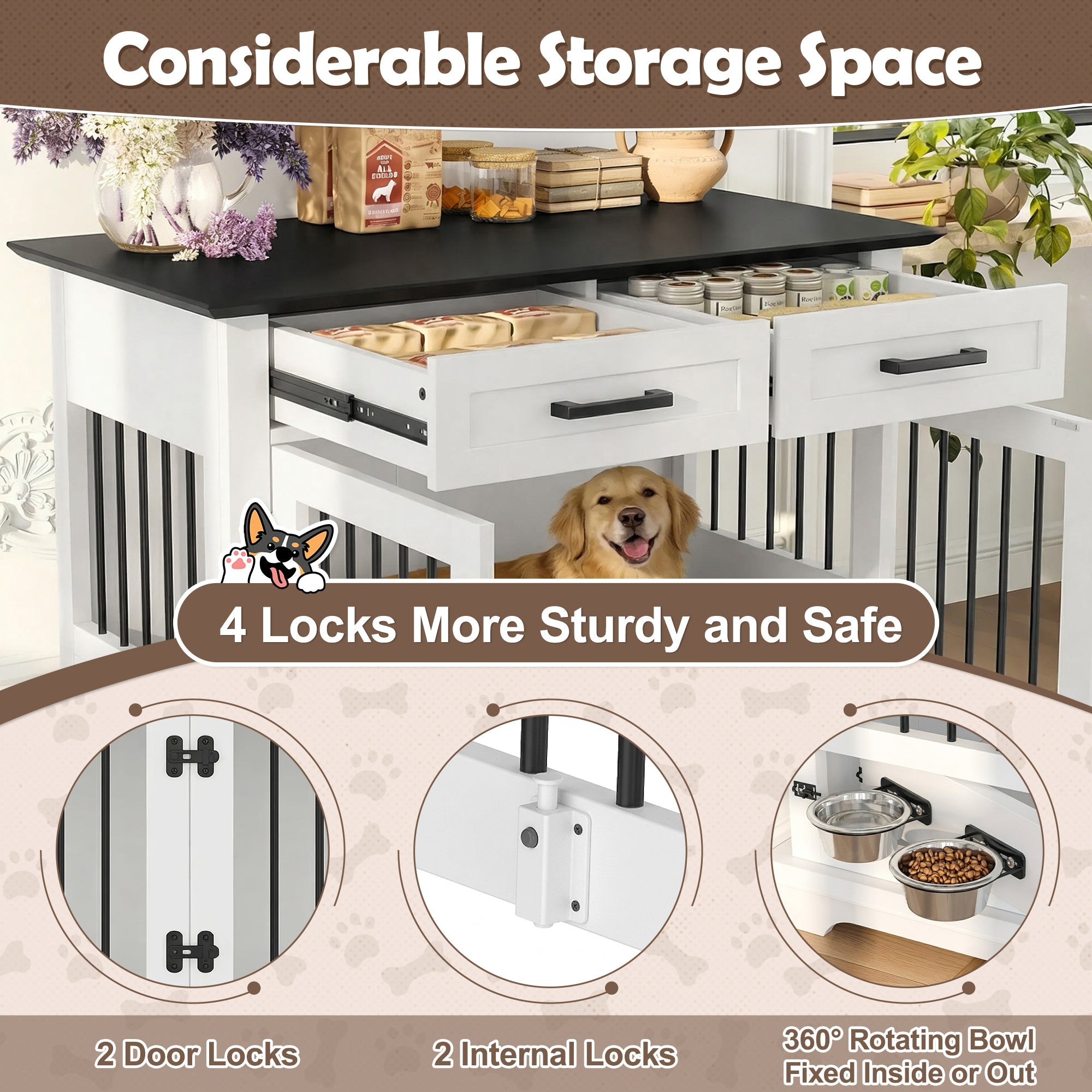 Wooden Dog Crate Furniture with Storage Drawers & Rotating Bowls – 44.48"