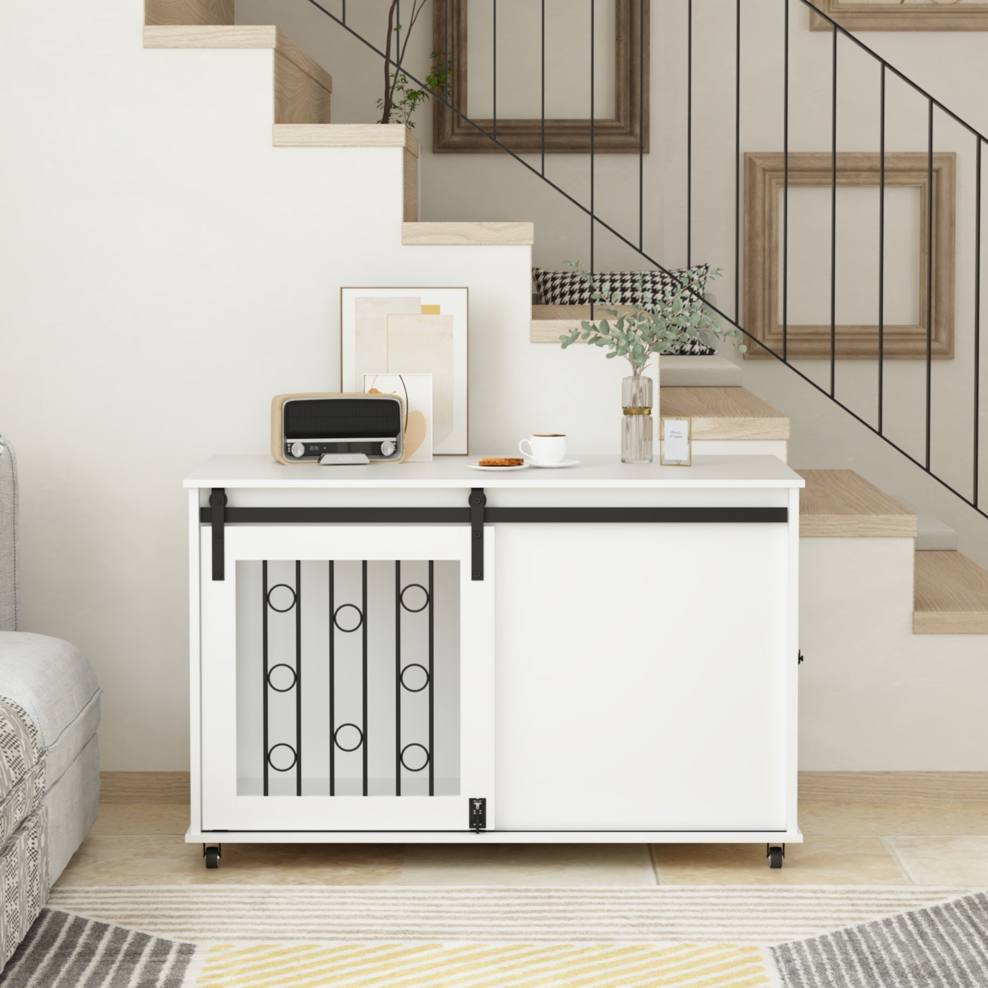 Modern Wooden Dog Crate Furniture with Sliding Barn Door – Indoor Pet Kennel