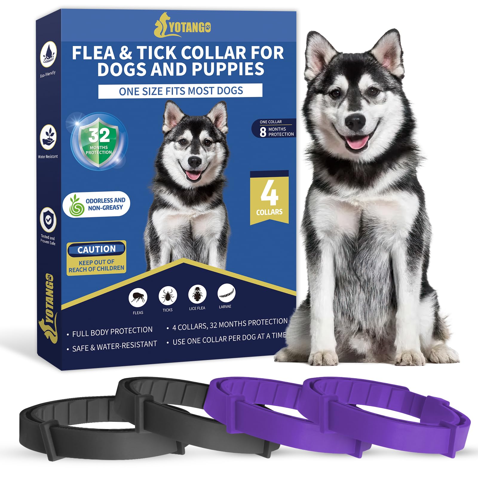 Yotando flea and tick collar for dogs and puppies with packaging and collars displayed.