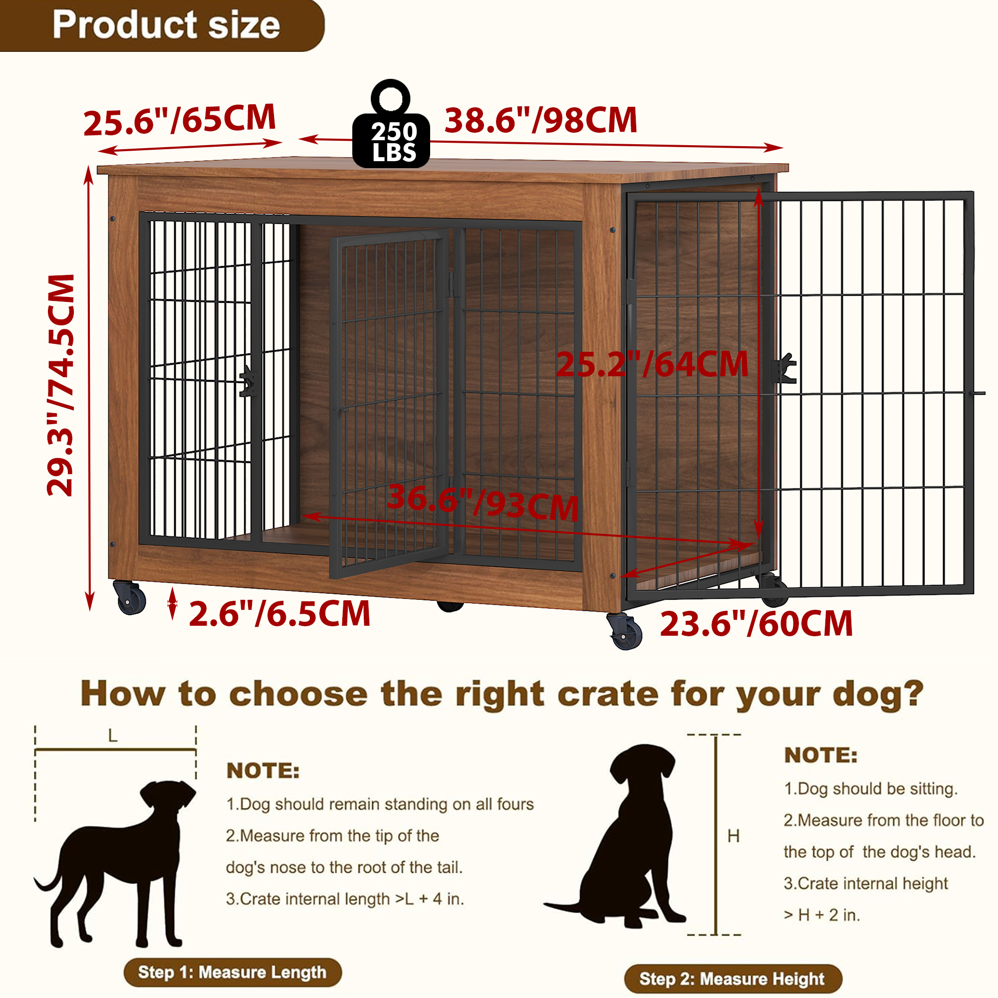 Dog crate with dimensions and weight capacity labeled