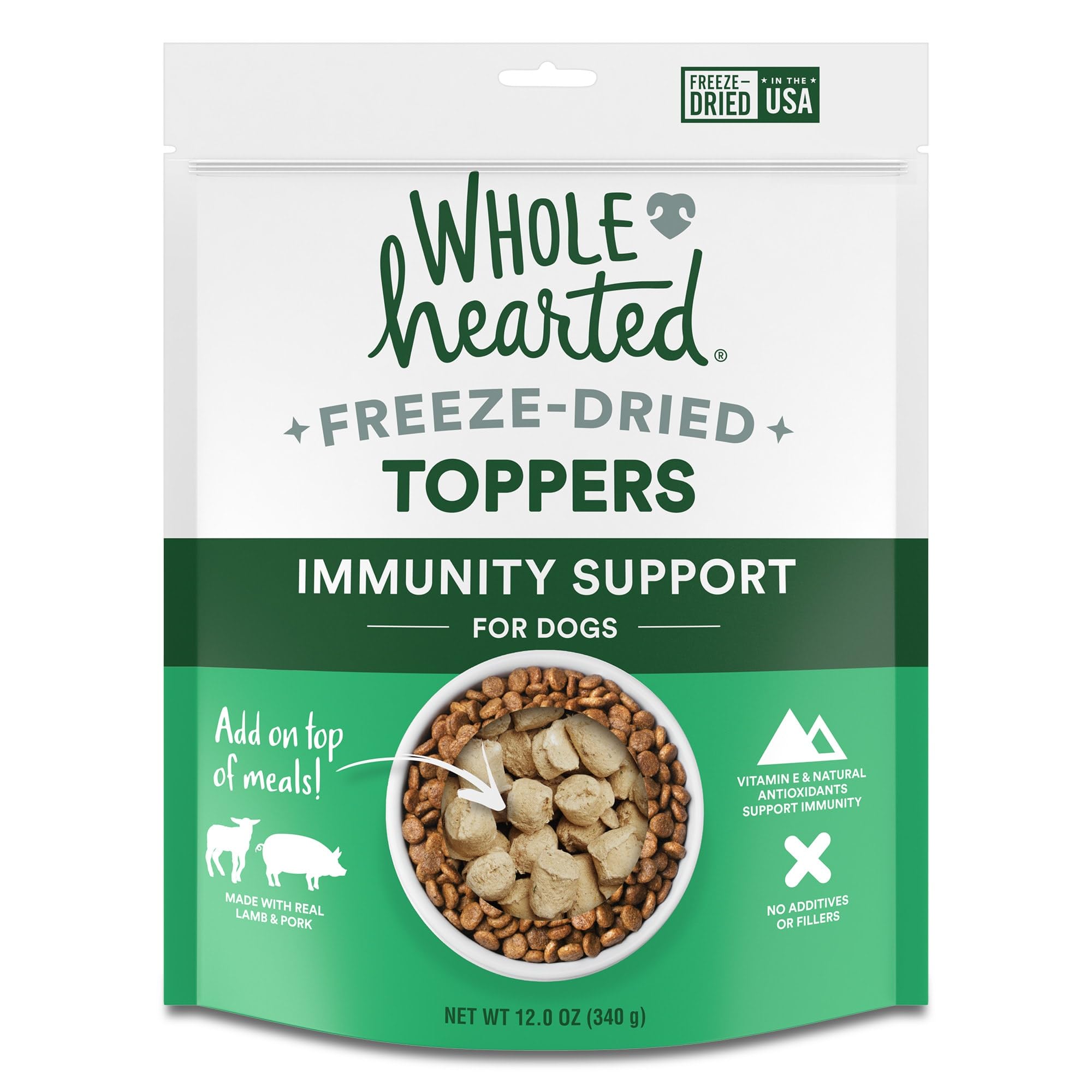 Package of Whole Hearted Freeze-Dried Toppers Immunity Support for dogs on a white background