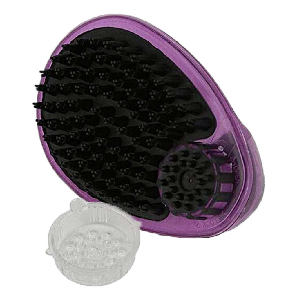Purple grooming brush with black bristles on a white background