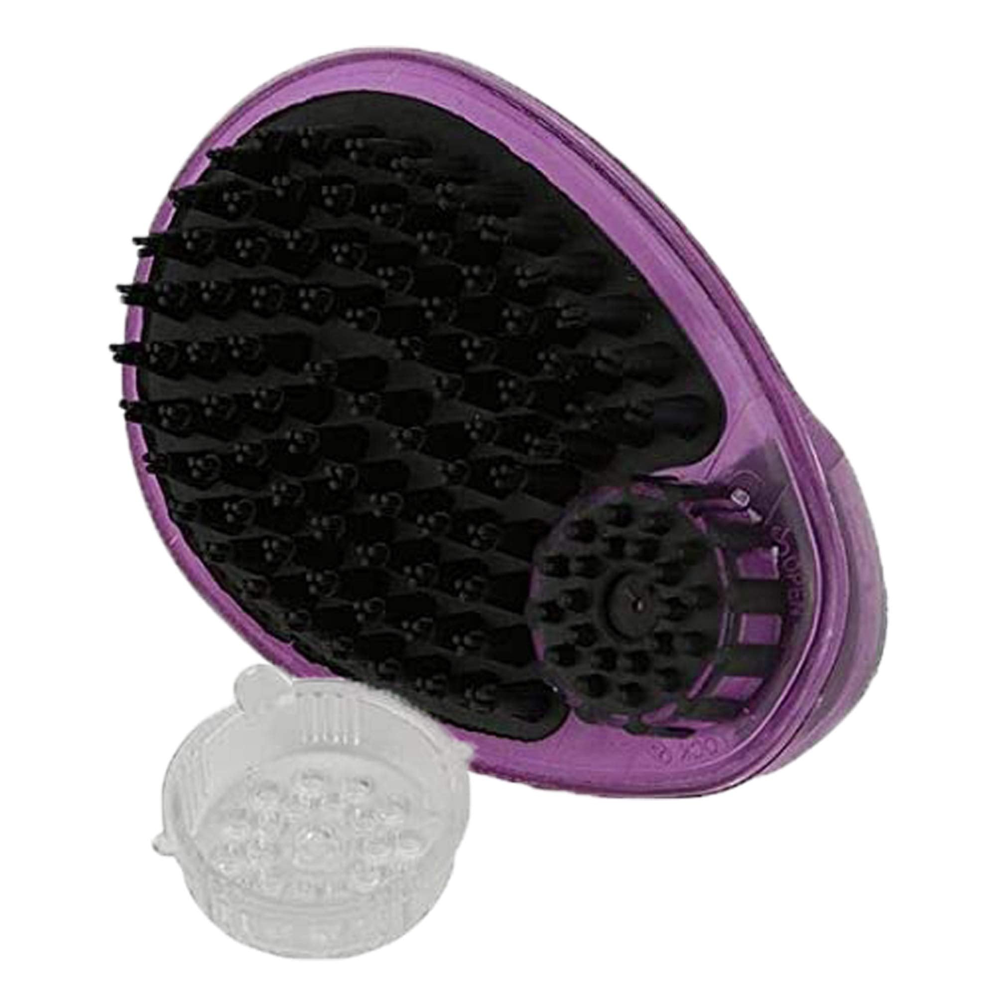 Purple grooming brush with black bristles on a white background