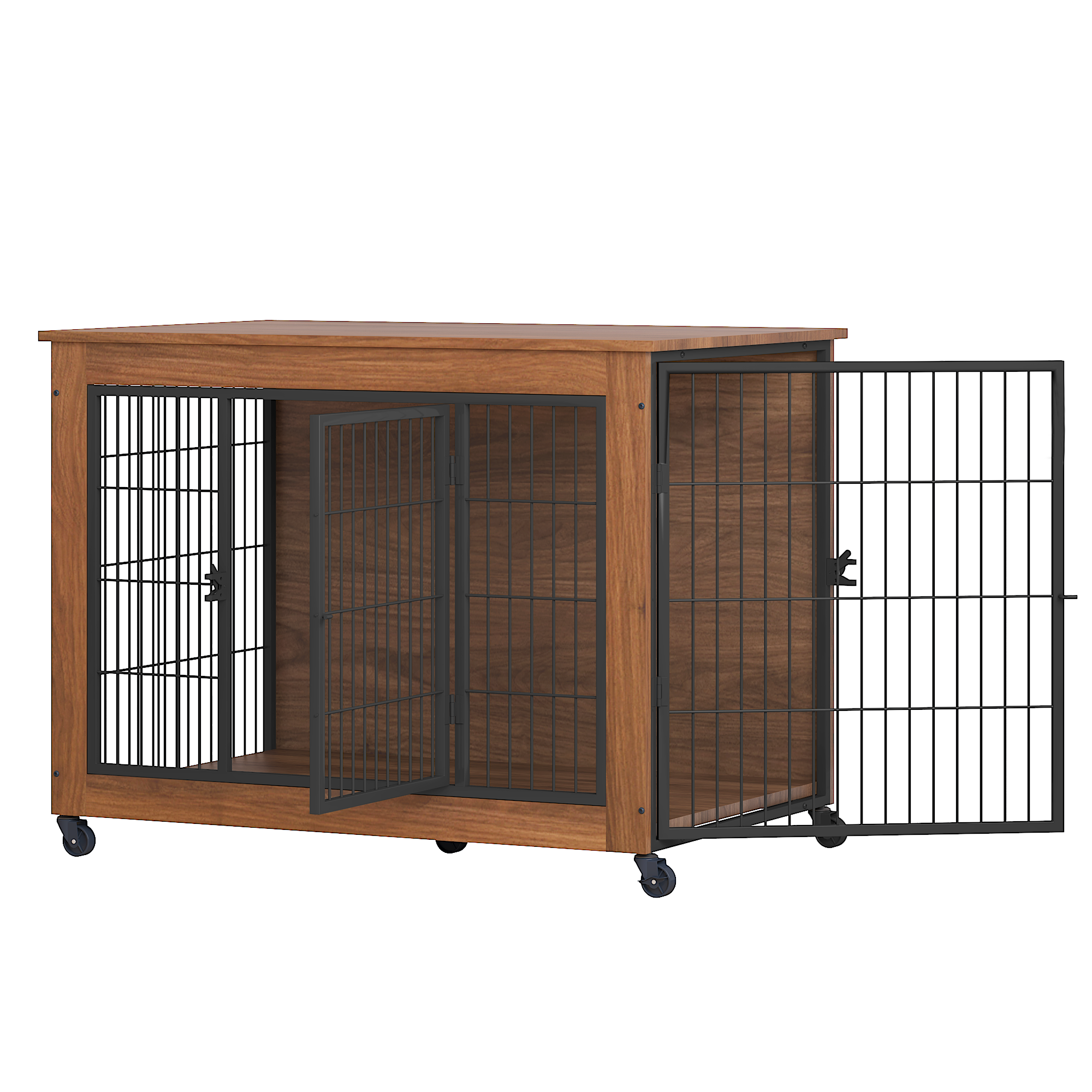 Wooden pet crate with metal doors on a white background