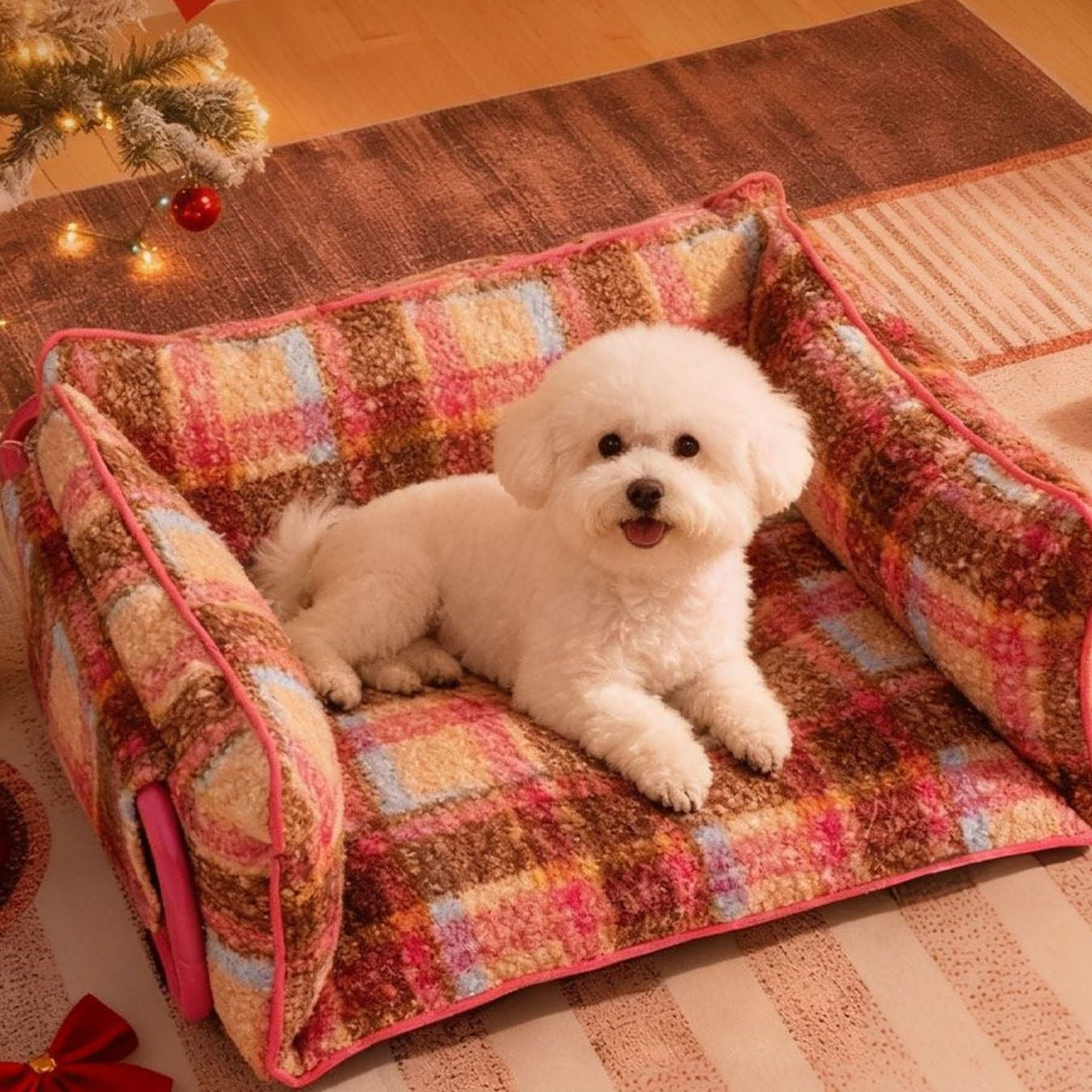 White dog on a colorful checkered pet bed in a cozy room with a Christmas tree.