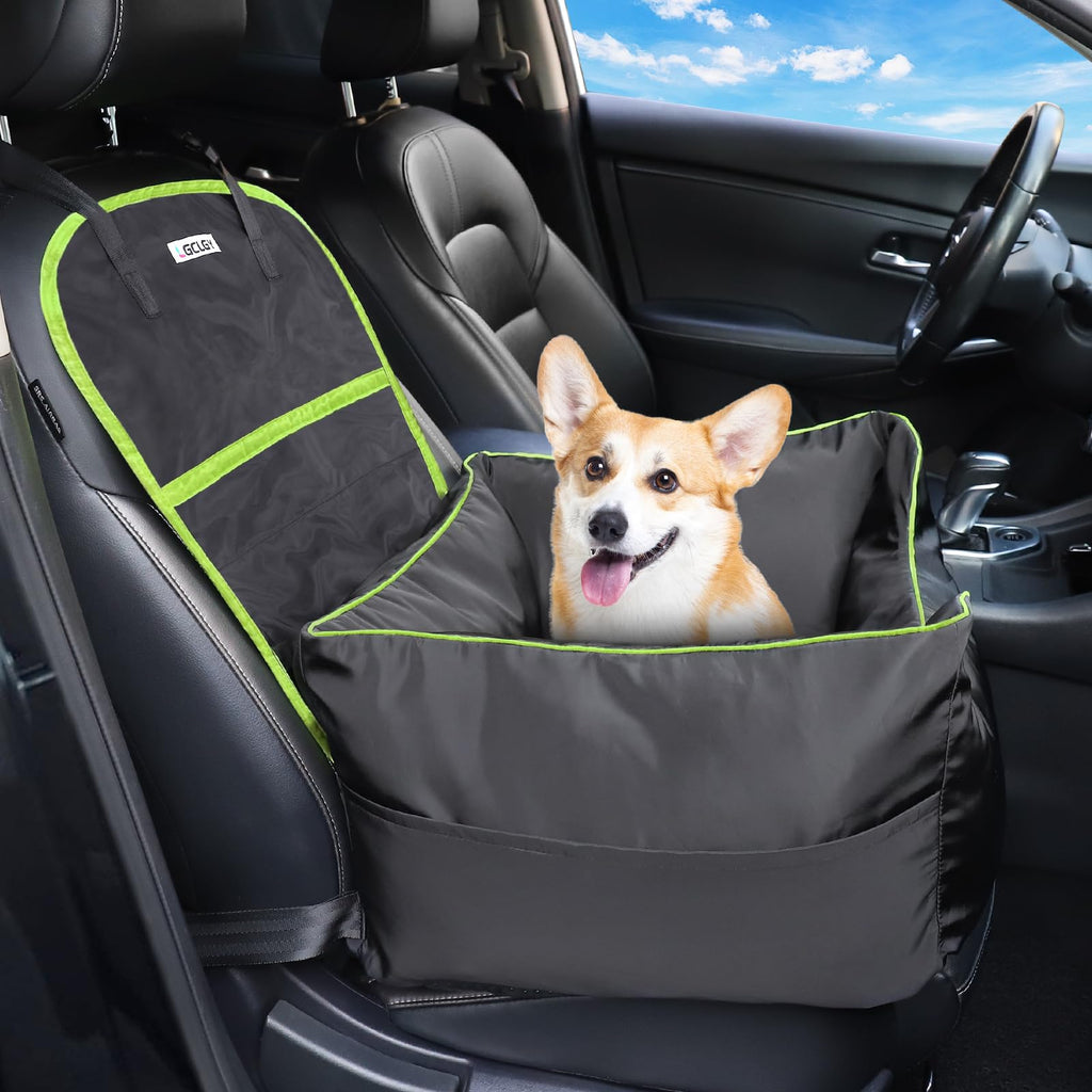 Dog sitting in a car seat cover with green accents in a vehicle.