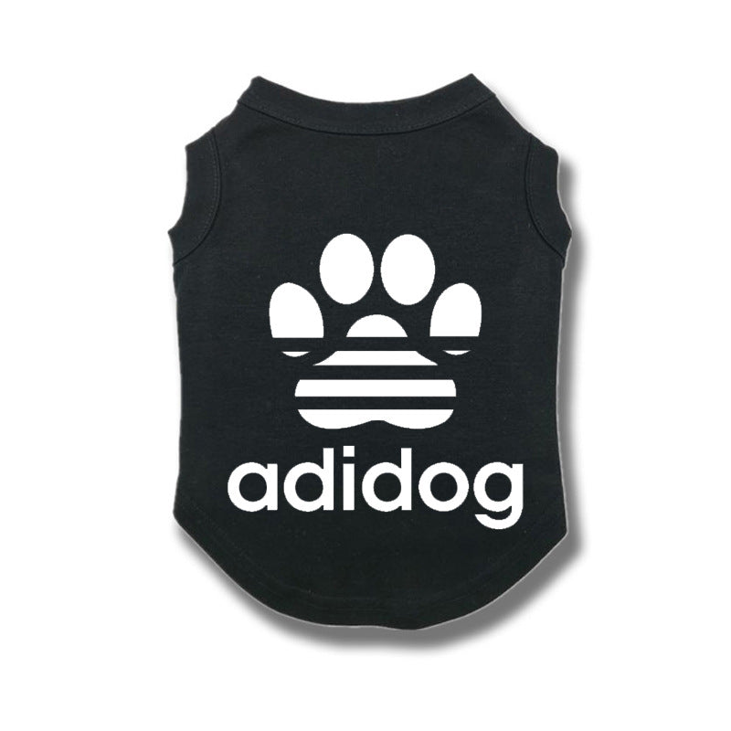 Black pet shirt with white paw print and 'adidog' text on a white background