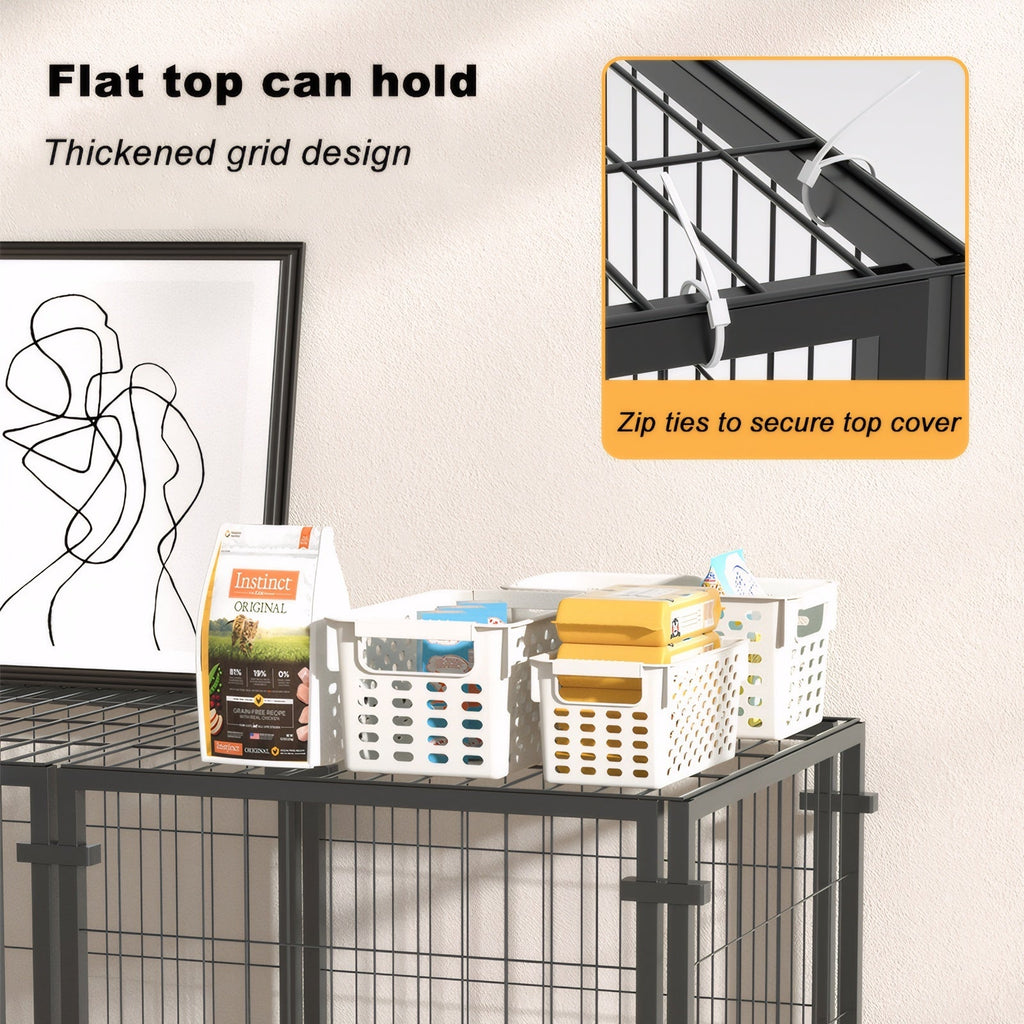 Cage with storage baskets and a flat top cover held by zip ties, on a neutral background.