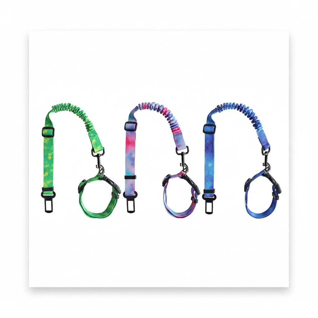 Three colorful dog leashes with retractors on a white background