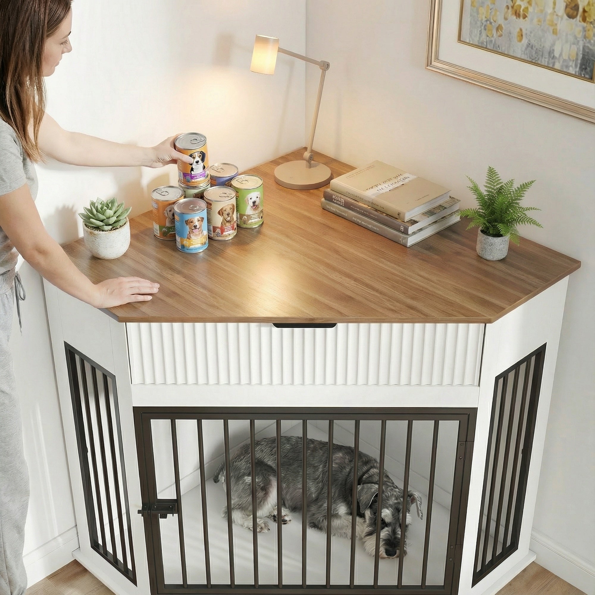 Corner Dog Crate Furniture with Fluted Drawer 