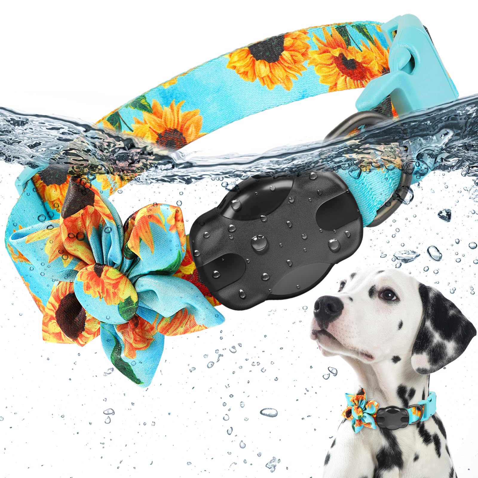 Dog collar with sunflower pattern and water droplets, featuring a dog underwater.