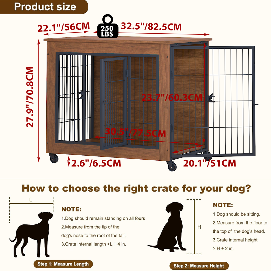 Dog crate with dimensions labeled on a white background