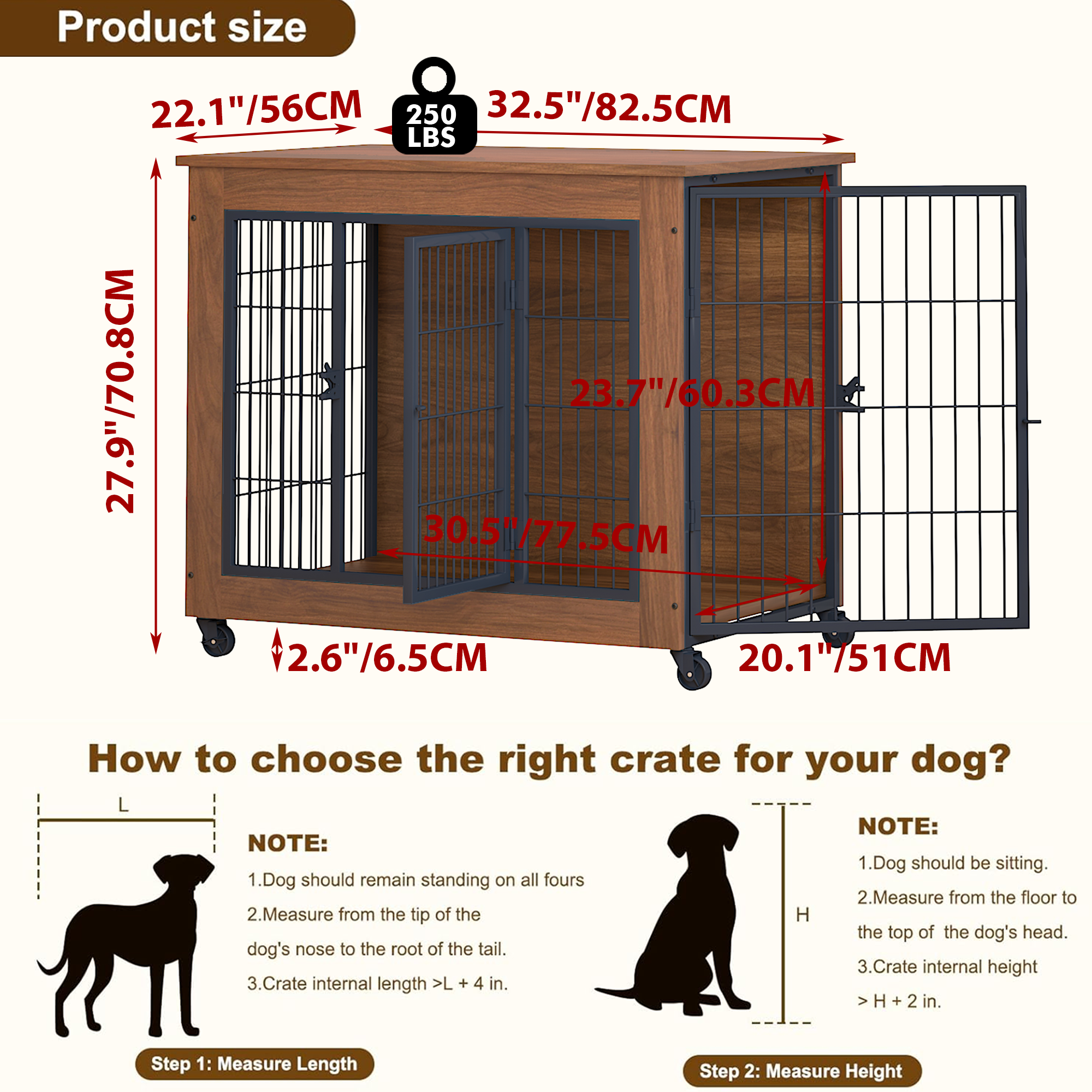 Dog crate with dimensions labeled on a white background