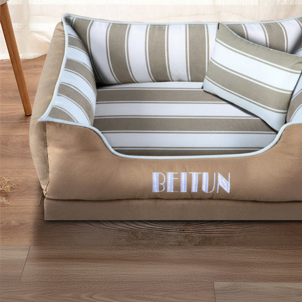 Pet bed with striped pattern and 'BEITUN' branding on a wooden floor.