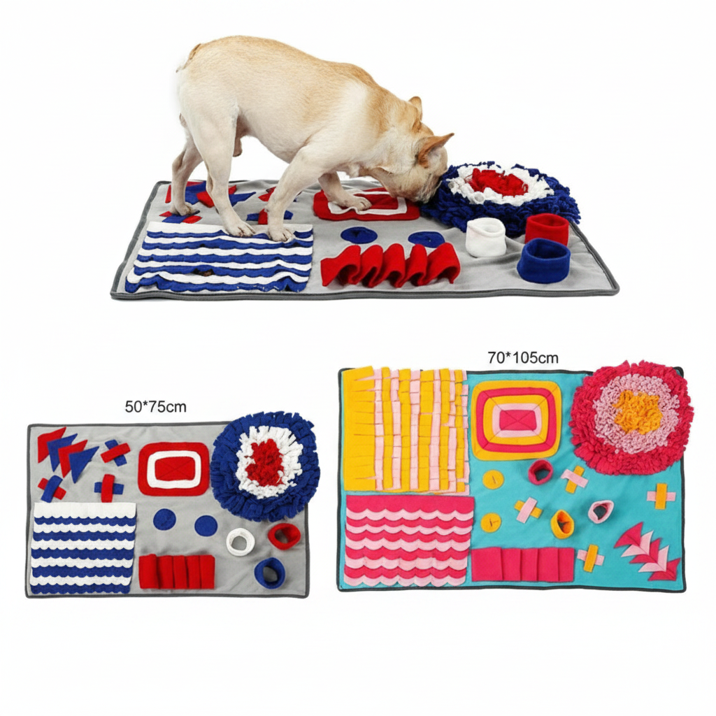 Dog playing with a colorful mat with various interactive elements on a white background.