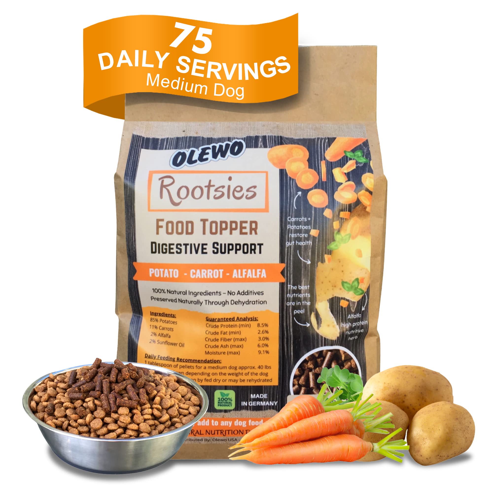 Olewo Rootsies food topper package for dogs with ingredients and benefits displayed.