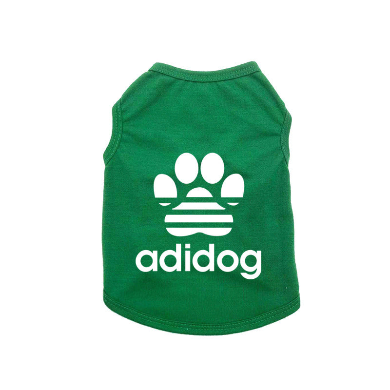 Green pet shirt with white paw print and 'adidog' text on a white background