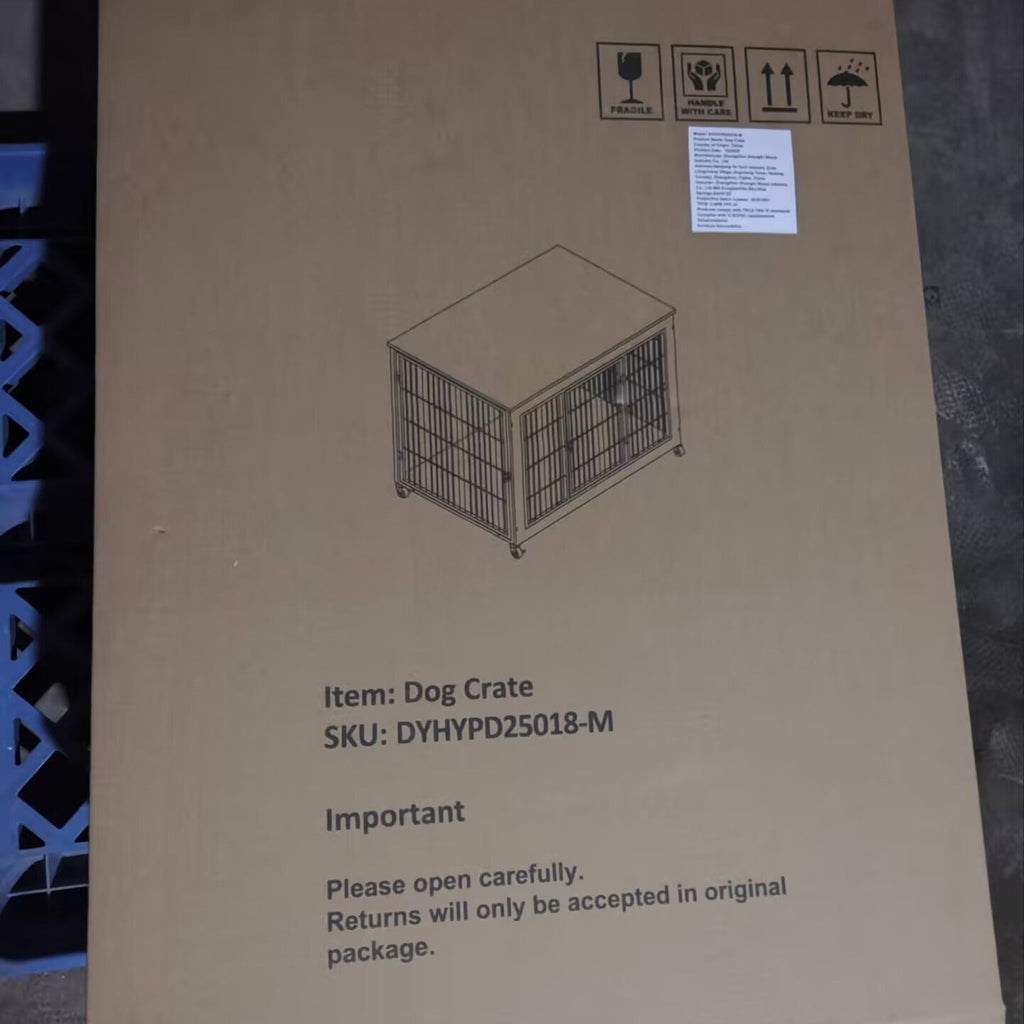 Cardboard box with a dog crate illustration and text on a dark surface
