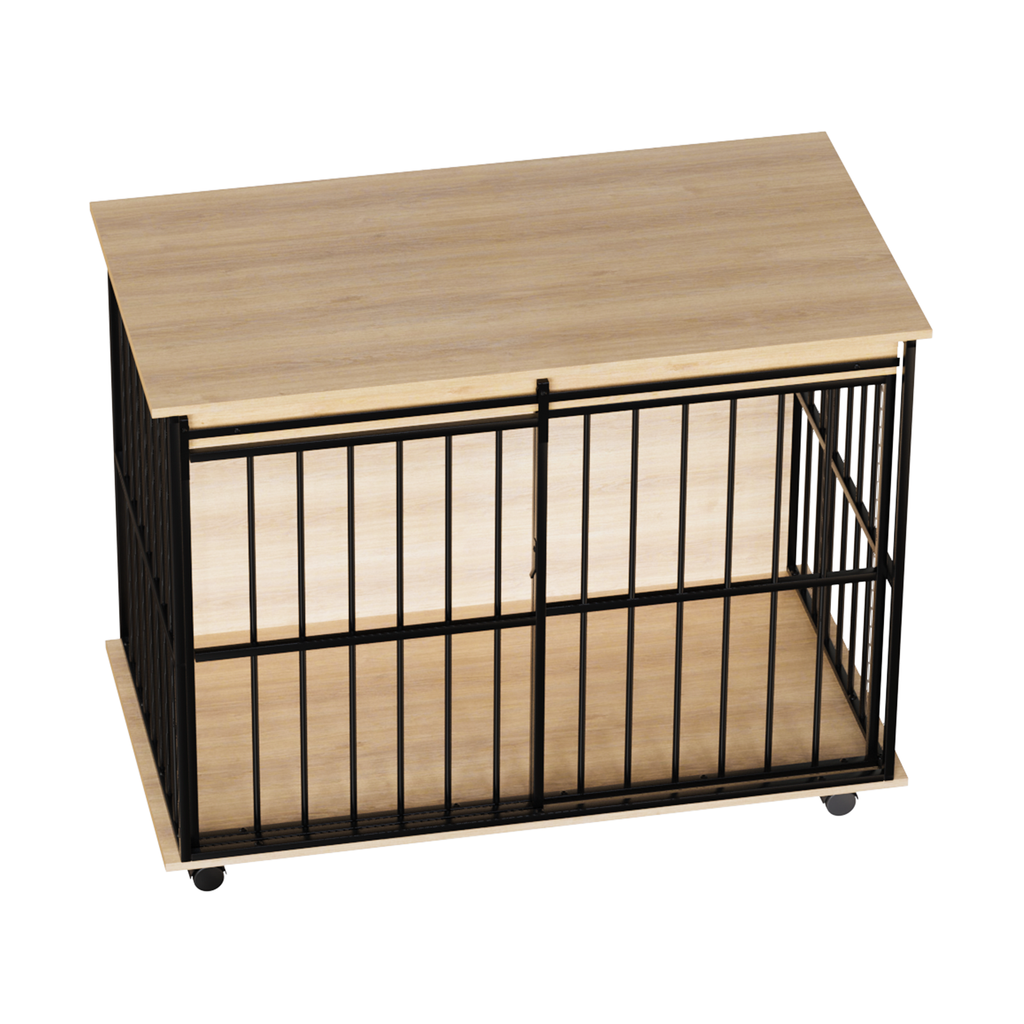 Pet cage with wooden top and base on a white background