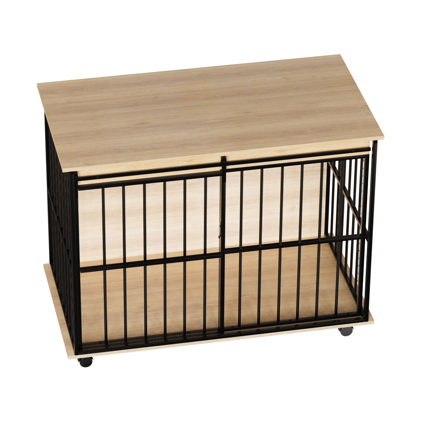 Pet cage with wooden top and base on a white background