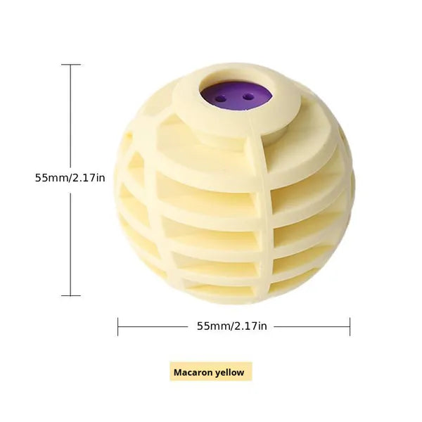 Yellow ball with a purple center and measurements on a white background