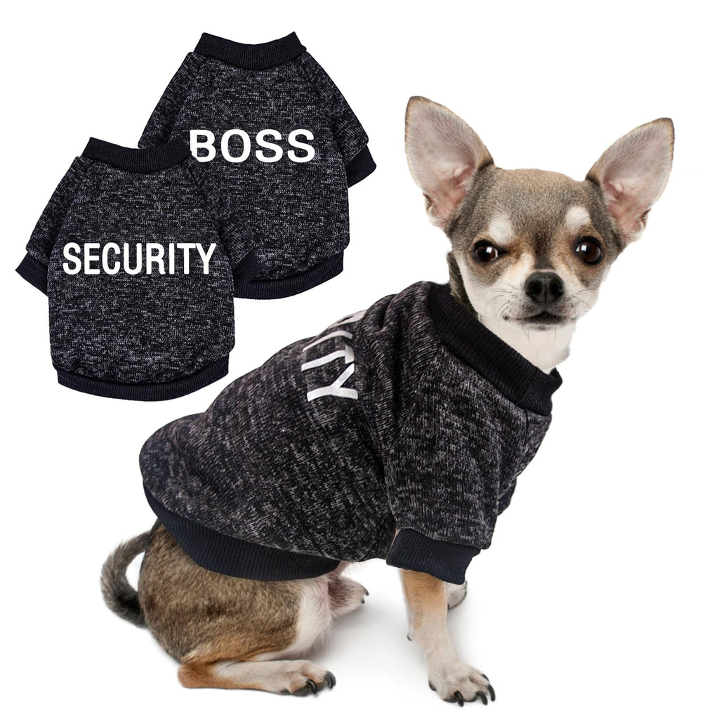 Dog wearing a sweater with 'BOSS' and 'SECURITY' text, and another sweater with 'FBI' text on a white background.