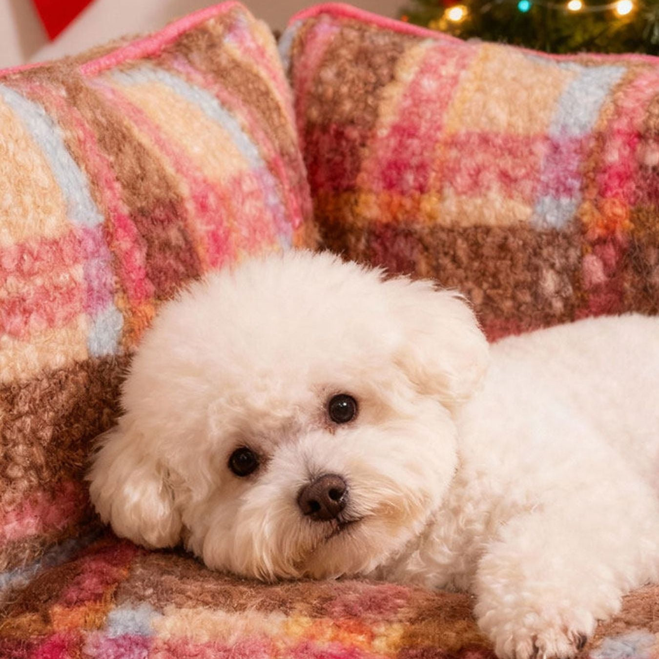 White dog lying on a colorful plaid couch with a Christmas tree in the background