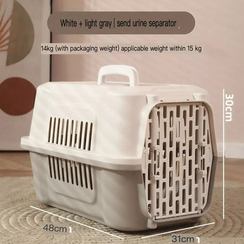 Pet carrier with dimensions on a wooden floor