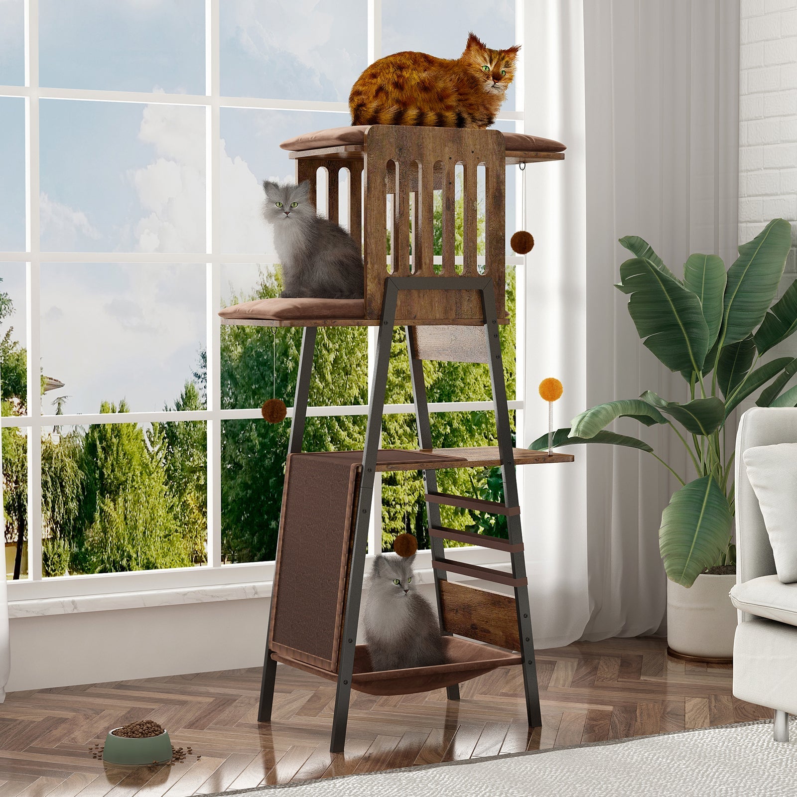 Modern Wooden Cat Tree – 58" Large Cat Tower