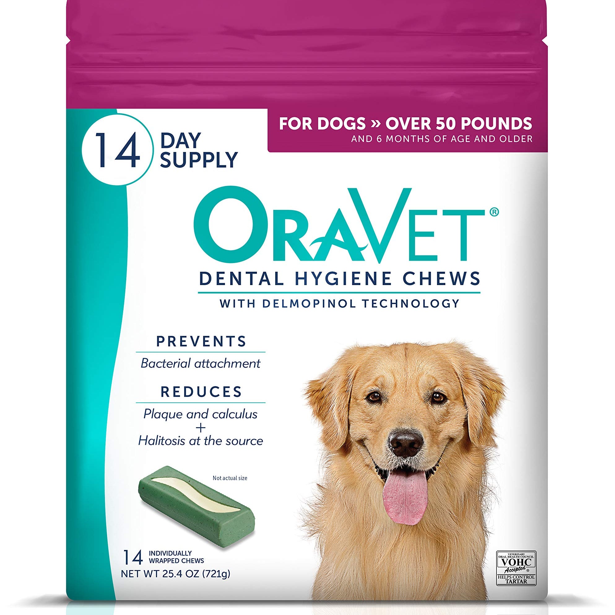 OraVet dental hygiene chews packaging for dogs with a dog on the label.