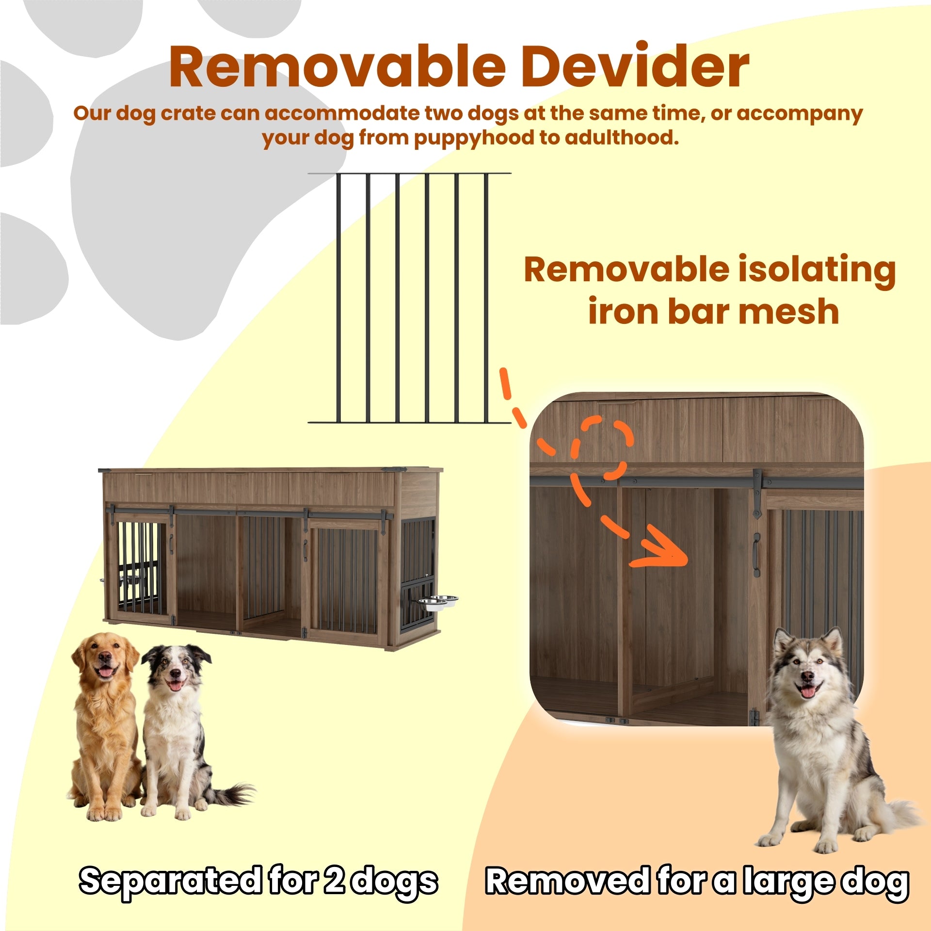 71" Double Dog Crate Furniture with Fluted Drawers, Feeders & Power Station