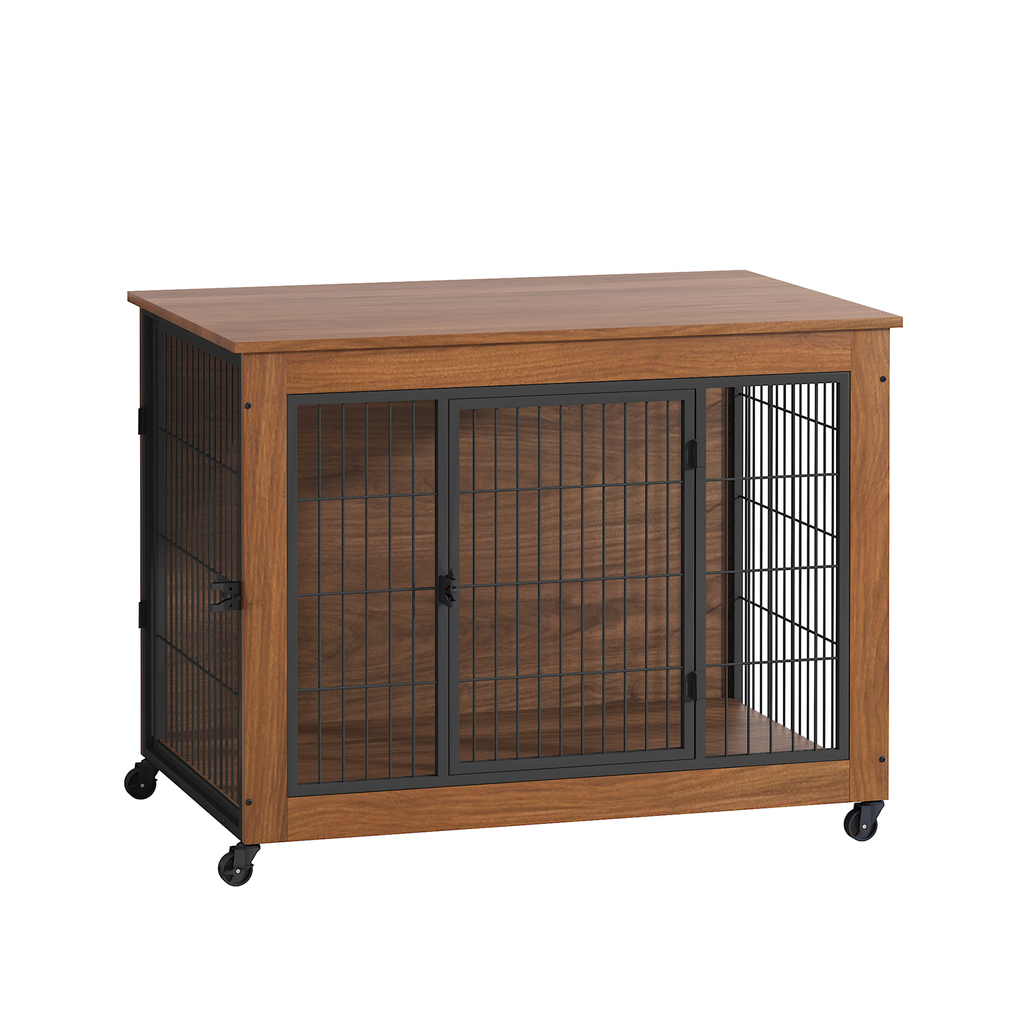Wooden pet crate with wire doors on a white background