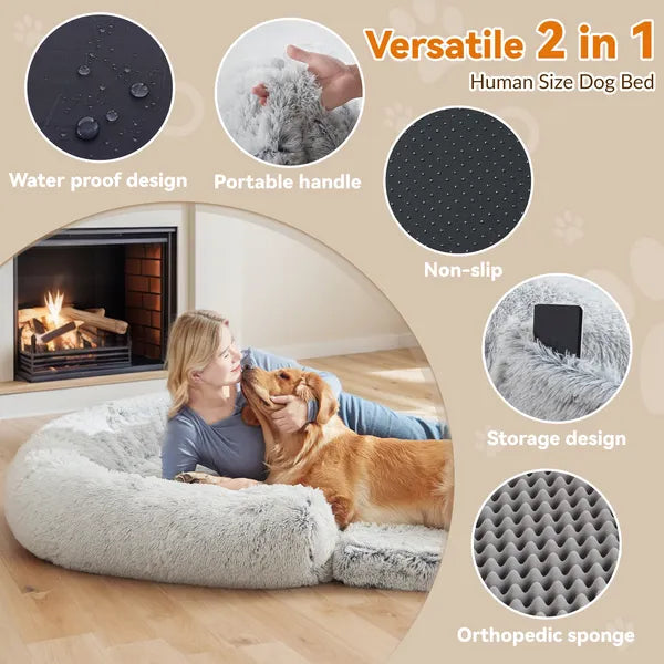Woman with a dog on a large pet bed with features highlighted.