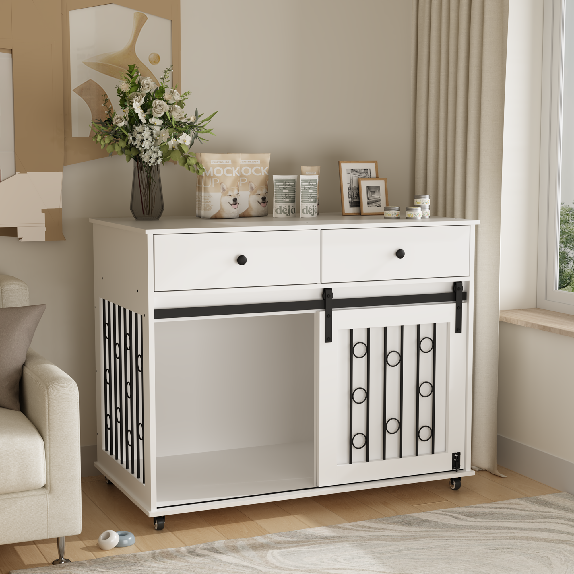 Modern Wooden Dog Crate Furniture with Sliding Barn Door – Indoor Pet Kennel
