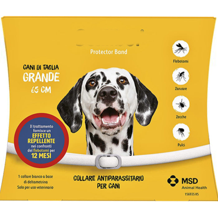 Packaging of a dog anti-parasite collar with a large dog illustration on a yellow background