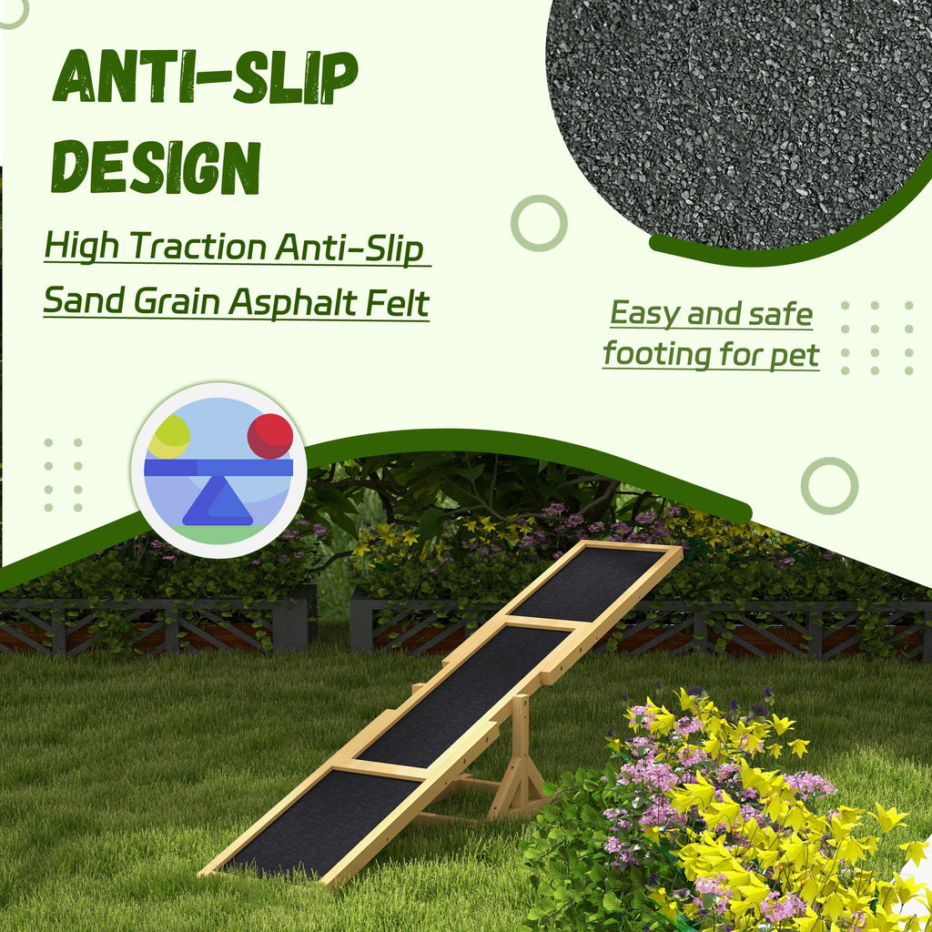 Pet ramp with anti-slip design on a grassy area with flowers, featuring text about high traction and safety.