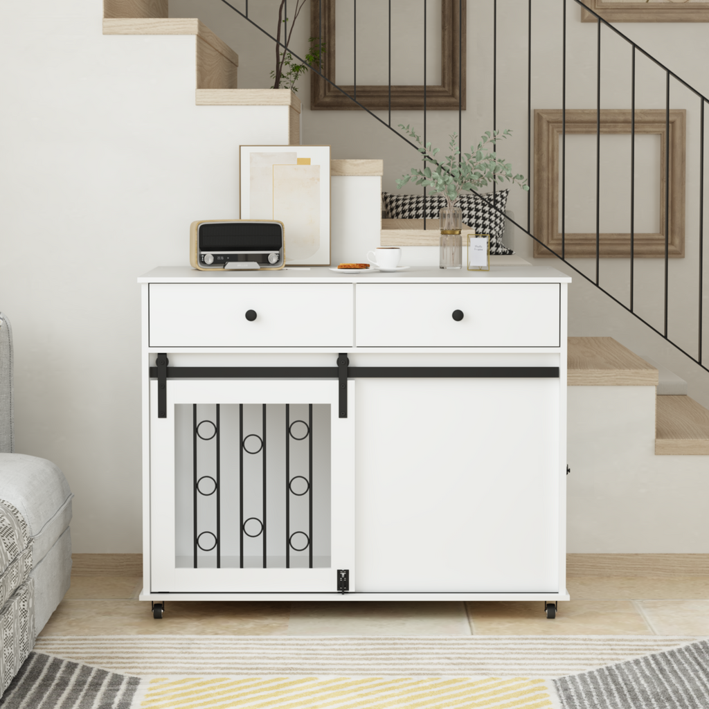 Modern Wooden Dog Crate Furniture with Sliding Barn Door – Indoor Pet Kennel