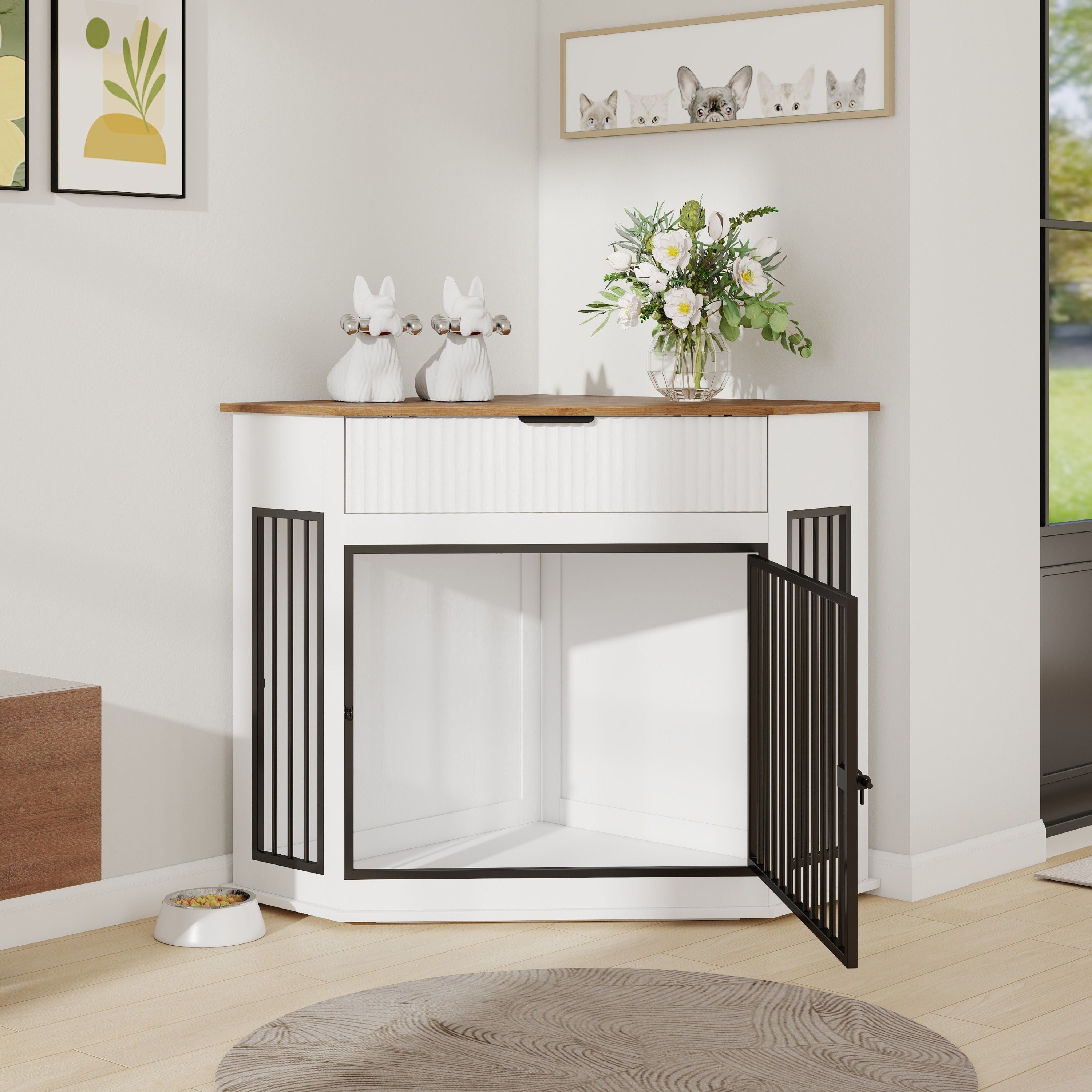 Corner Dog Crate Furniture with Fluted Drawer 
