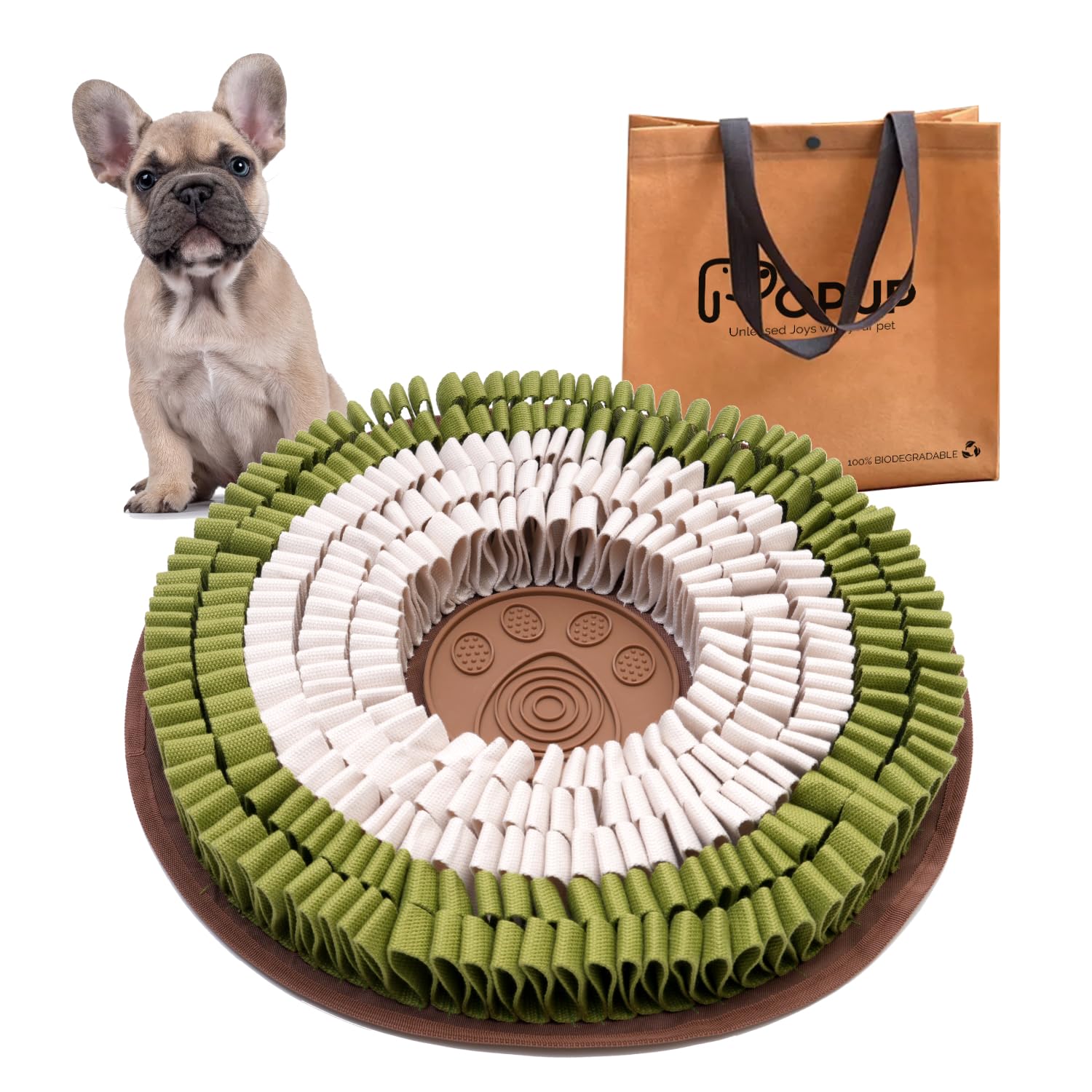 Dog bed with green and white design, dog sitting next to it, and a brown bag in the background.