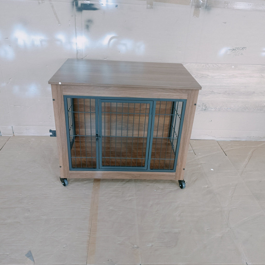 Dog crate with wooden frame and metal bars on a tiled floor